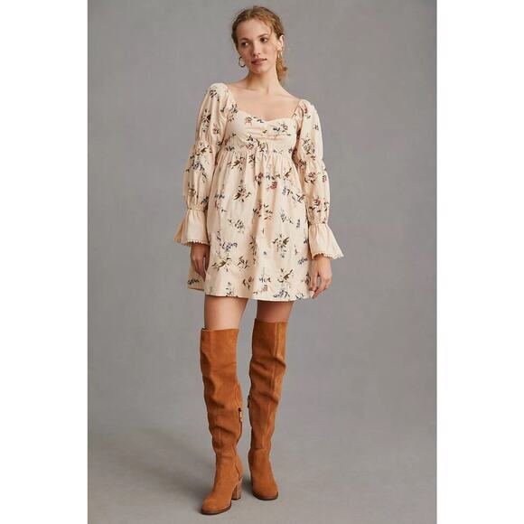 By Anthropologie Long-Sleeve Floral Embroidered Mini Dress Large Country Concert - Picture 3 of 6